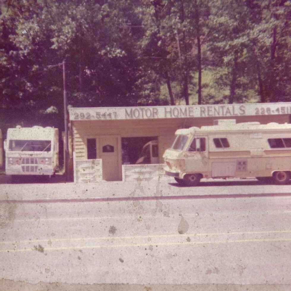 Vintage motorhomes outside Rent RV's original location in 1973